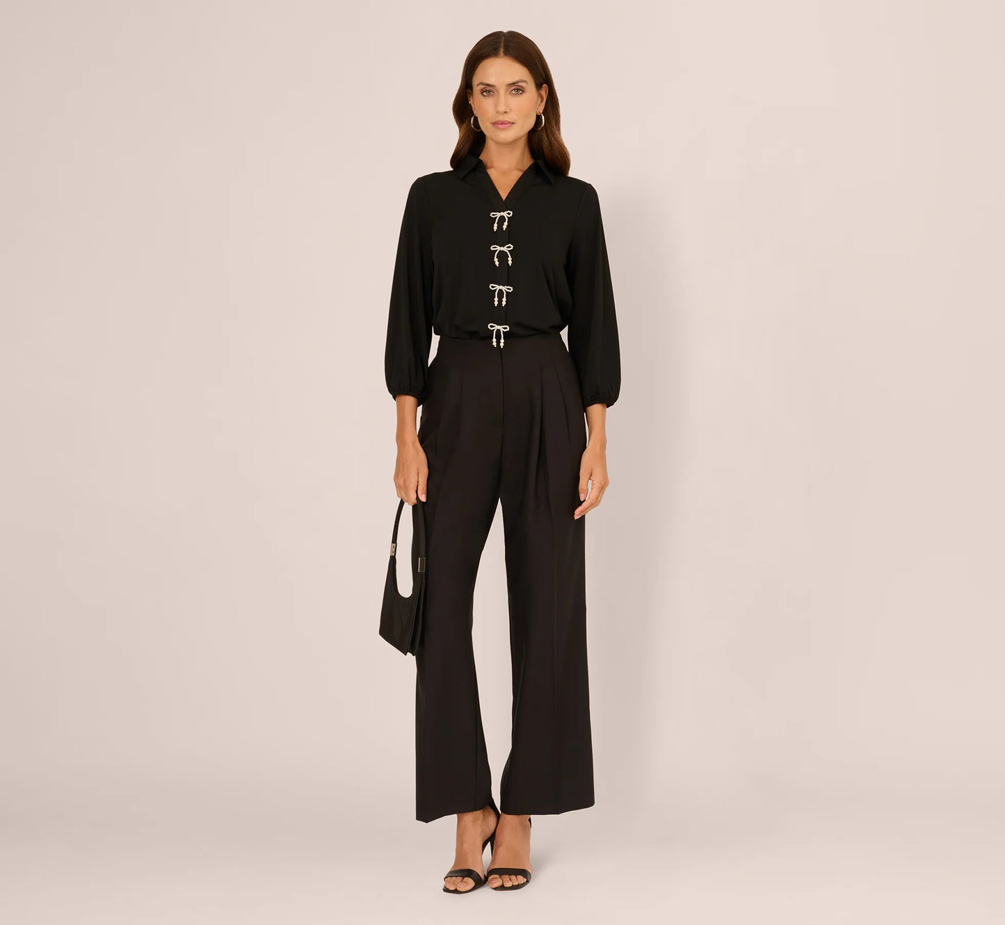 Three Quarter Sleeve Pearly Bow Blouse In Black