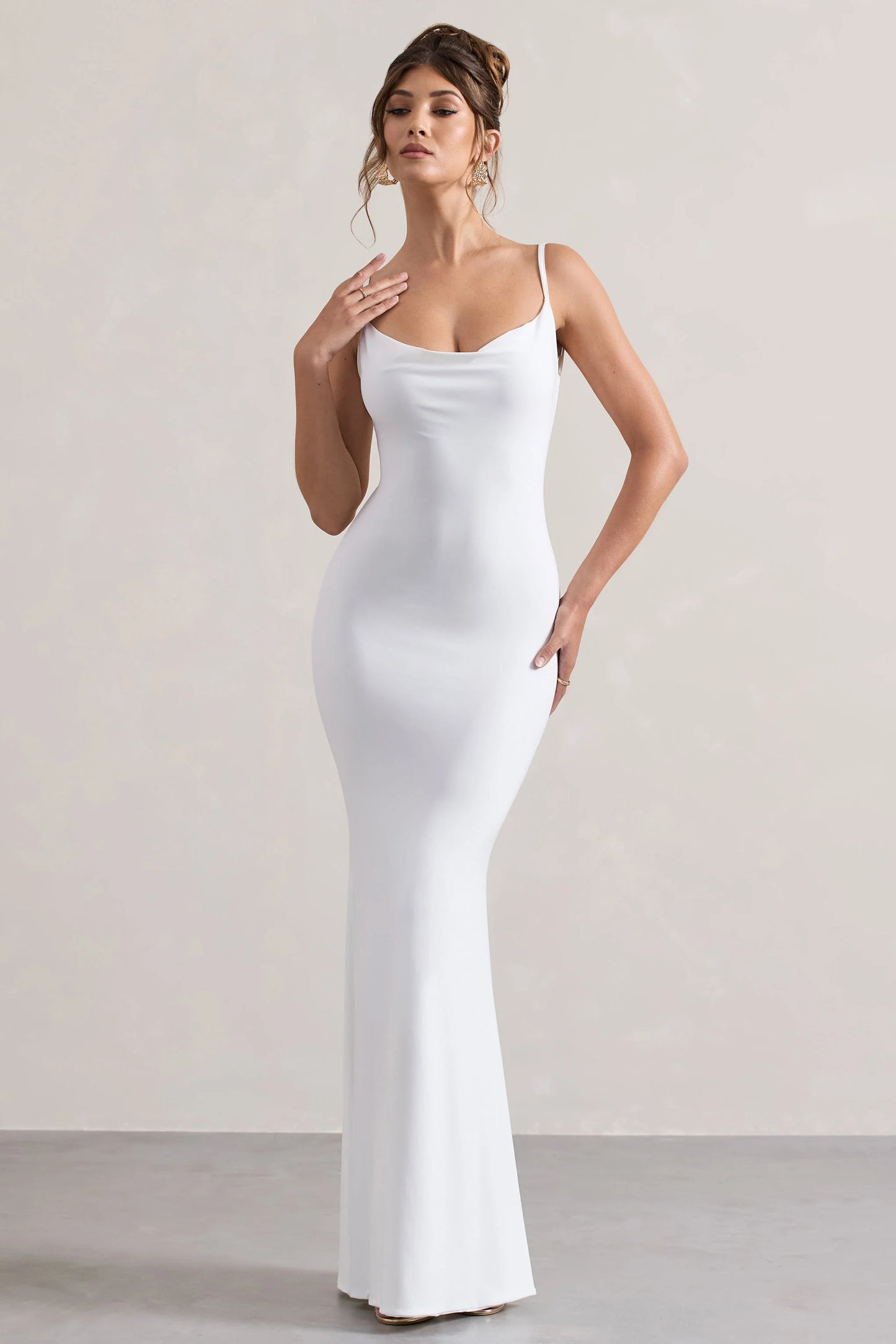 Francoise White Cowl Neck Backless Maxi Dress With Lace Insert