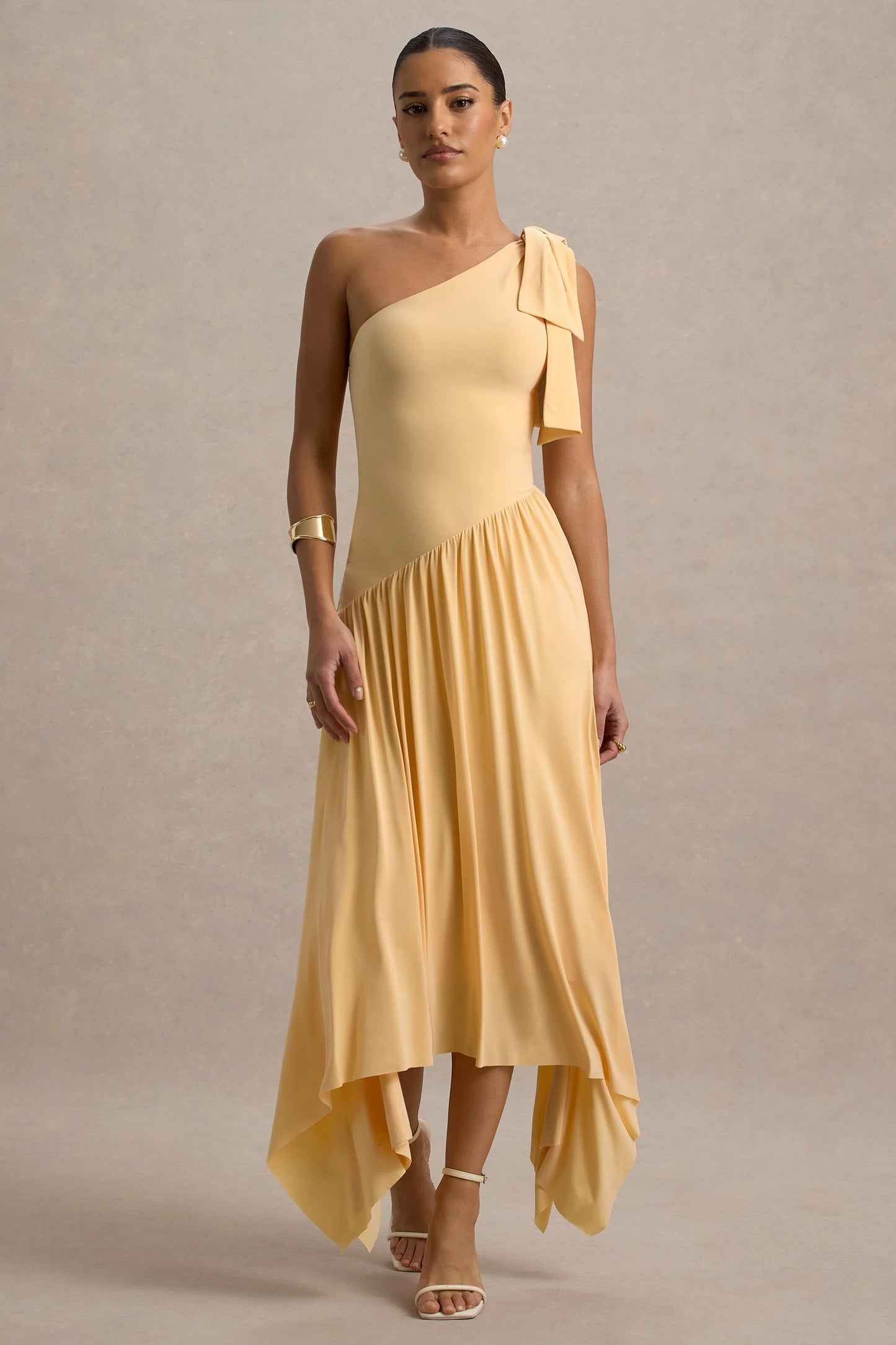 Lotus Love Orange One-Shoulder Hanky-Hem Maxi Dress With Bow