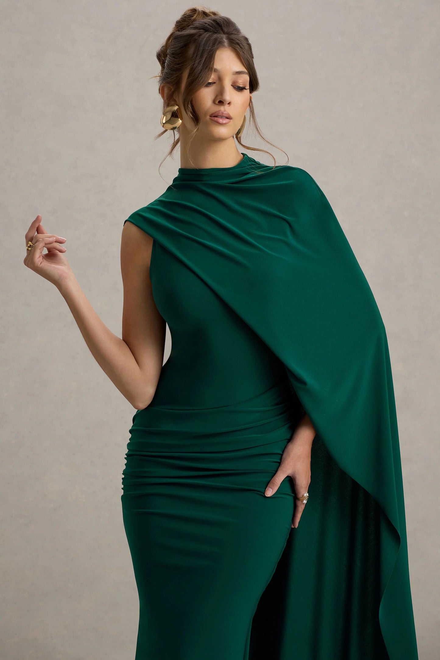 Maeve Bottle Green Cape-Sleeve Draped Maxi Dress