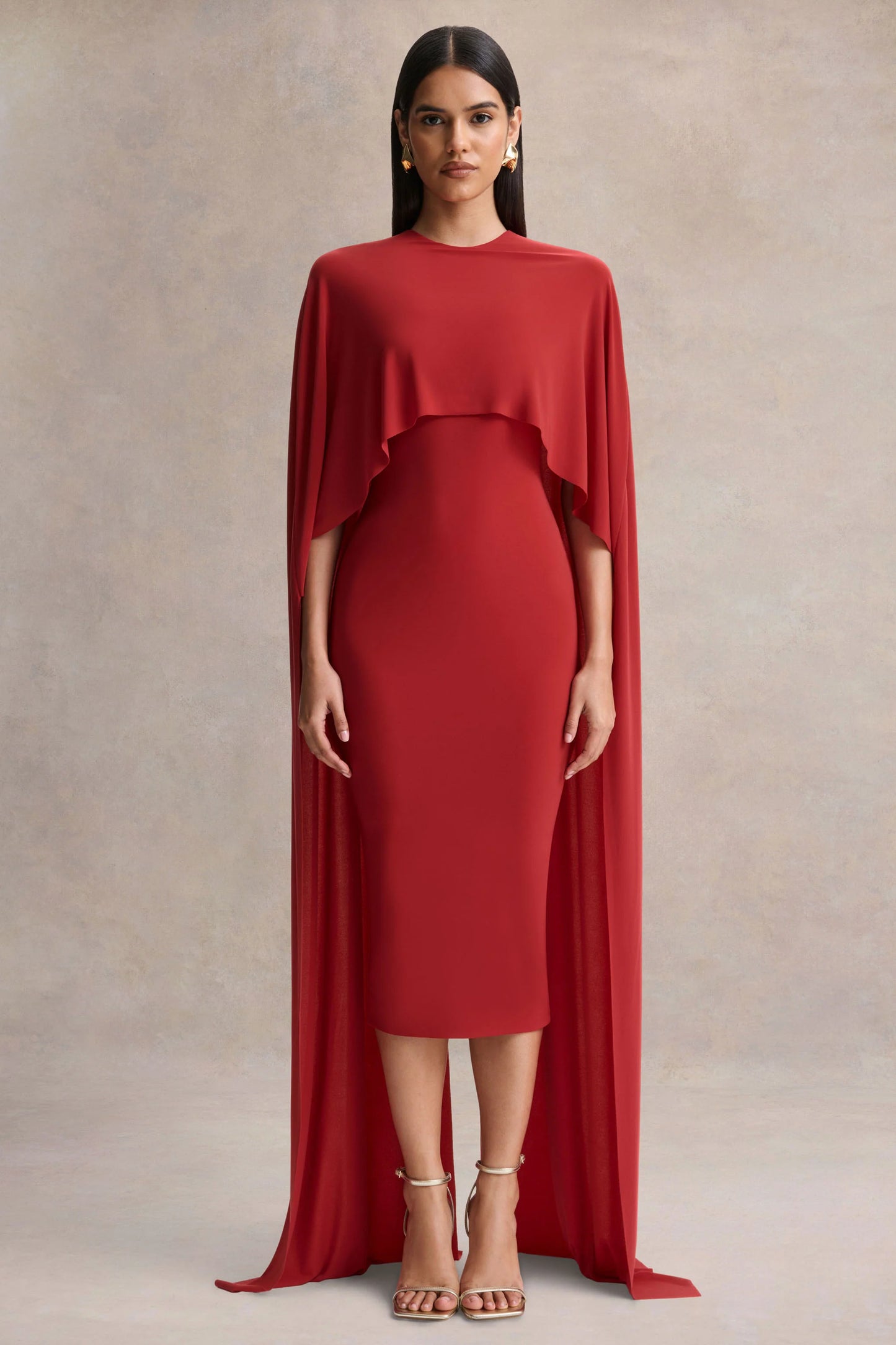 Kalani Red Crew-Neck Midi Dress With Cape-Sleeves