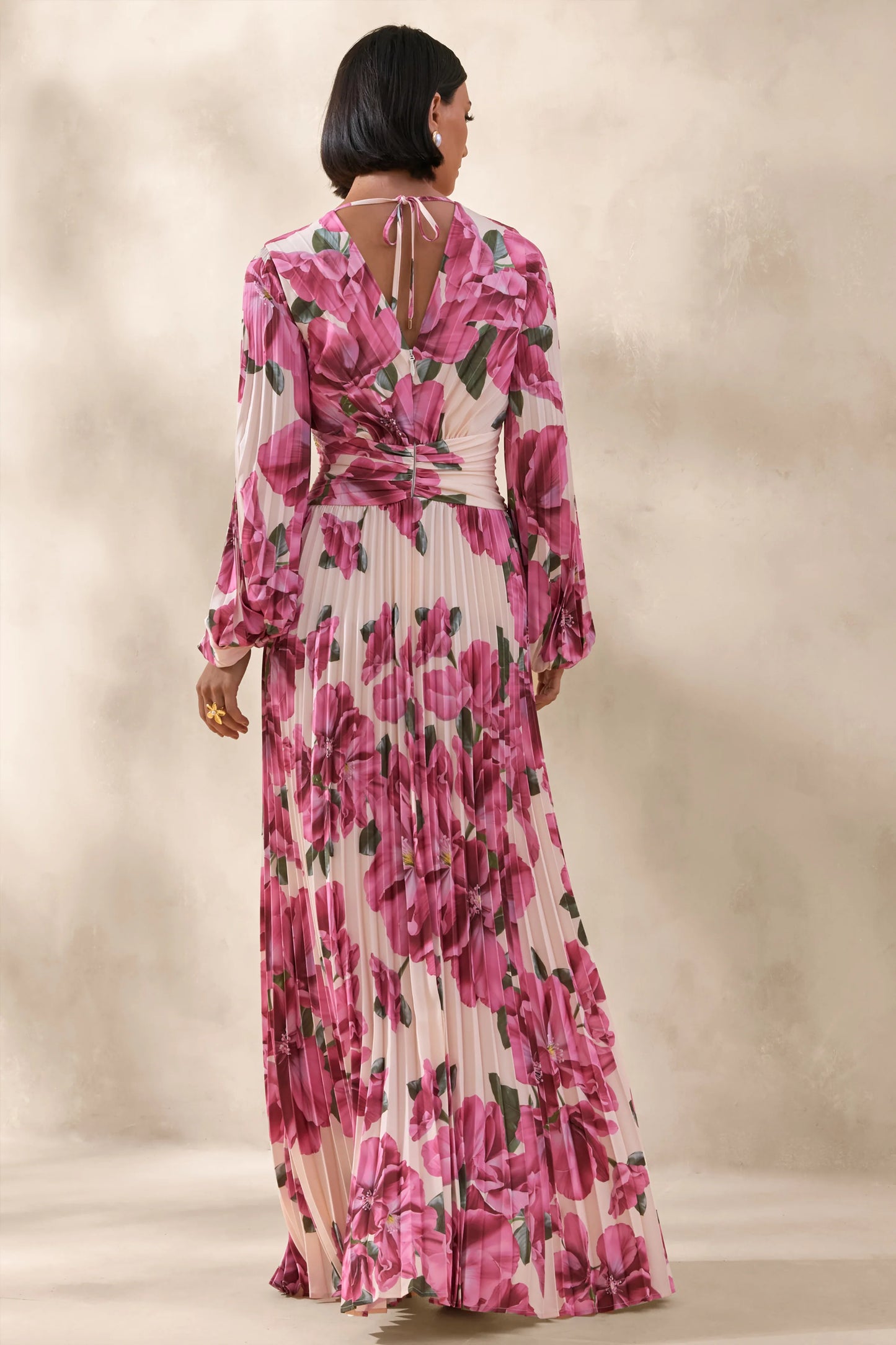 Rionna Pink Hibiscus Print High-Neck Maxi Dress With Cut-Out Detailing