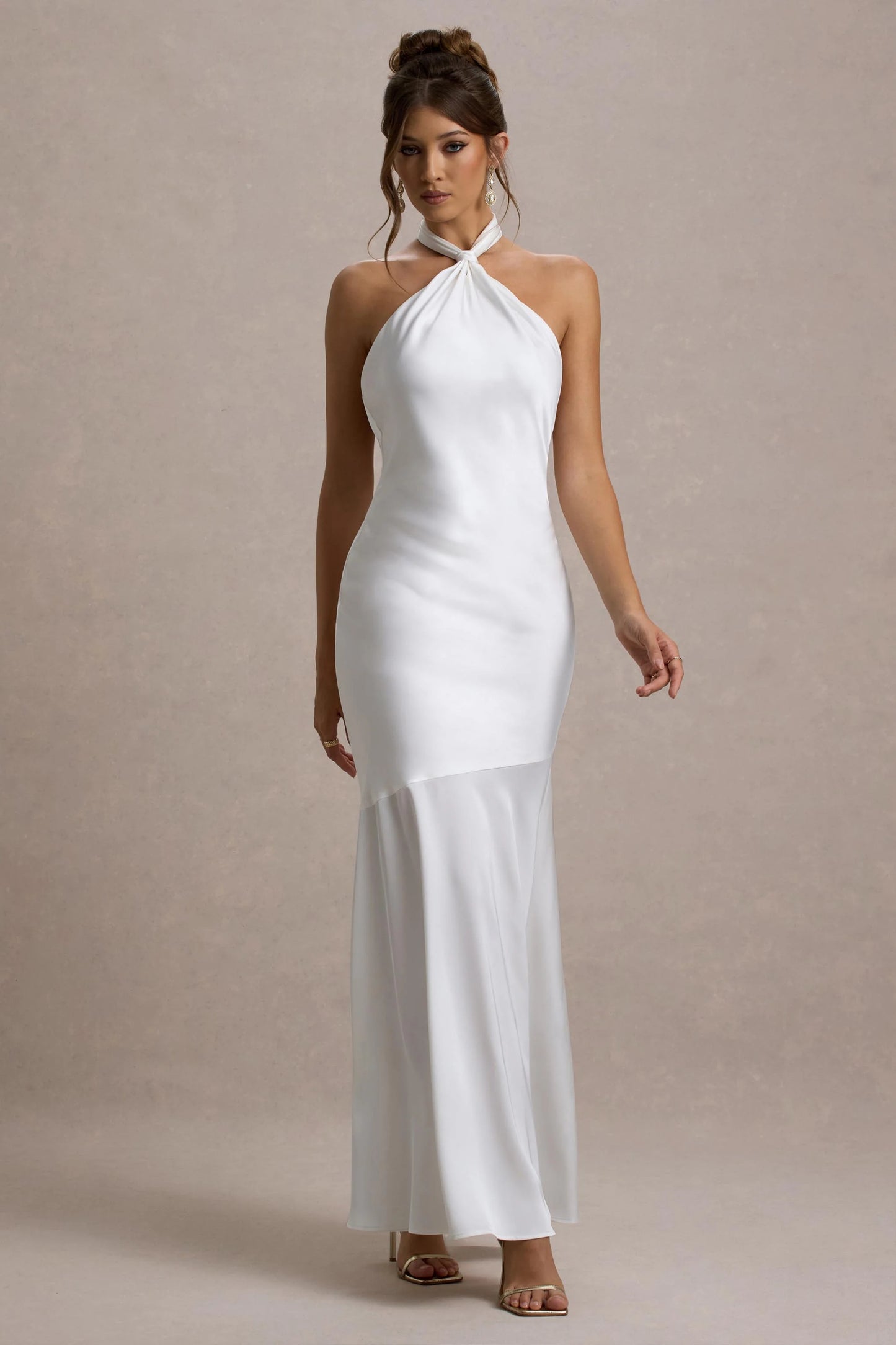 Knox White Satin Knot Halter-Neck Maxi Dress