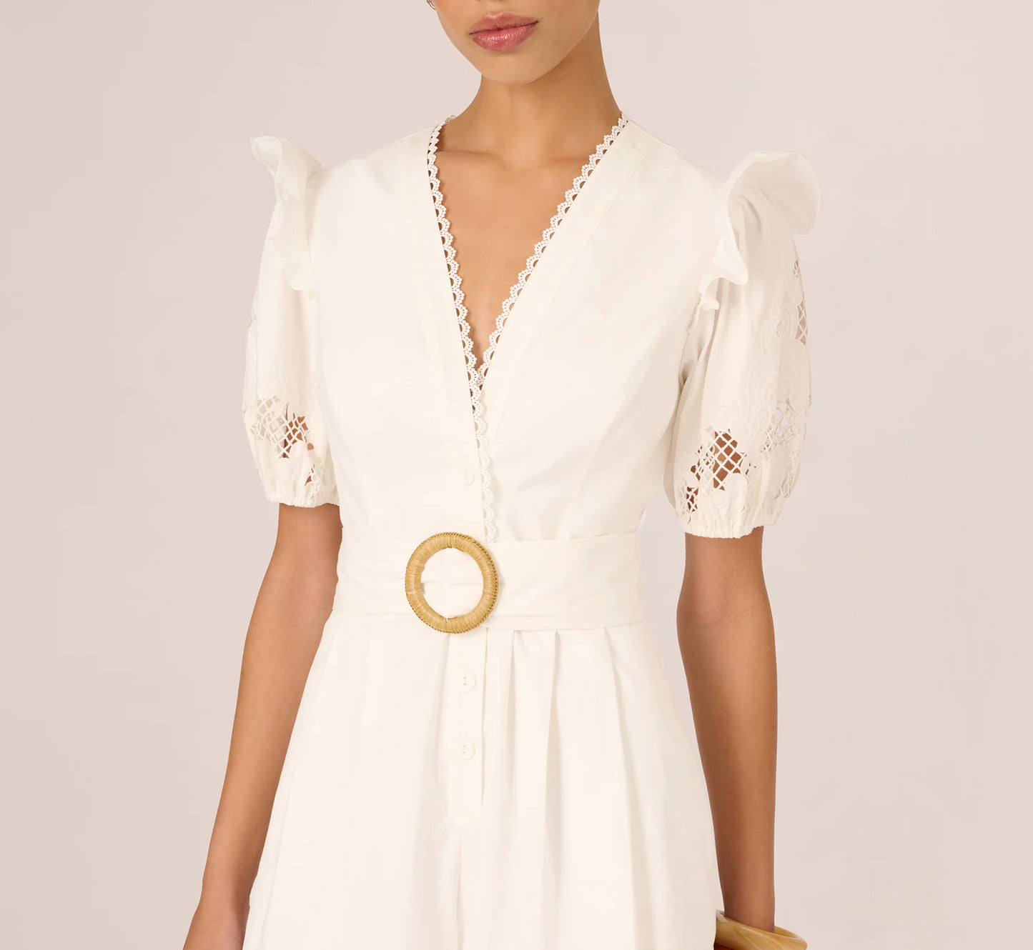 Puff Sleeve Cotton Lace Rumper In Ivory